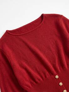 SHEIN PariChic Women's Off-Shoulder Asymmetric Pullover Sweater, Solid Red, Lantern Sleeves & Metal Button Detail, Elegant Waist-Fit For Office & Gatherings - Burgundy - View 7