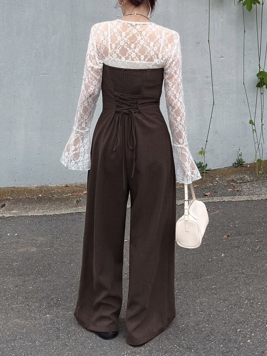 FRIFUL Women's Solid Color Strapless Fashion Wide Leg Jumpsuit - Brown - View 1
