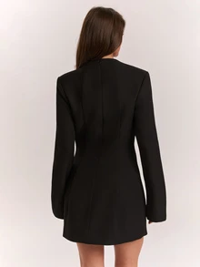 SHEIN BAE جاكيت بليزر نسائي بلون موحد كاجوال للتنقل والسفر بأكمام طويلة - الأسود - مشاهدة 2