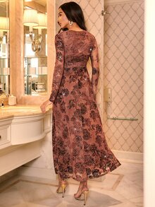 Amorya Women's Floral Jacquard Swan Collar Long Sleeve Elegant Dress - Sugar Pink - View 2