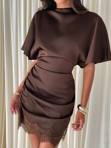 Aloruh Brown Satin Mini Dress With Lace Patchwork Hem - Coffee Brown - View 5