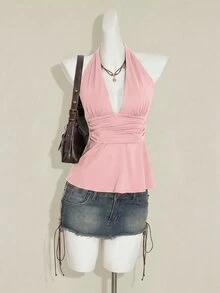 SHEIN ICON 萬聖節女款掛脖露背黑色娃娃裝背心 - 粉色 - 查看 5