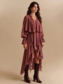 CielaLinda Women's Red And Black Plaid Ruffle Boho Dress, Long Sleeve Flowy Vacation Fall - Red - View 7