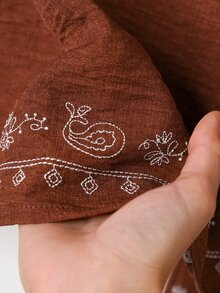 Rusticease 女款刺繡V領長袖襯衫與長褲休閒套裝 - 棕色 - 查看 6