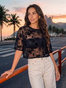 CAJUNI Cropped Boxy Short-Sleeved T-Shirt Made Of Sheer Jacquard Tulle. - Black - View 4