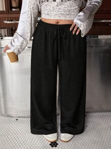 Muchica Women's Plus Size Summer Silk Ultra-Thin Functional Knit Ribbed Fabric Skin-Friendly Smooth Non-Linting Solid Color Daily Sports Basic Casual With Pockets Front Drawstring Elastic Waist High Waist Slimming Straight Leg Loose Fit Long Pants - Black - View 5
