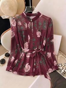SHEIN Clasi 女款時尚復古花卉印花百褶長袖襯衫 - 酒紅色 - 查看 5