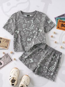 MONOPOLY X SHEIN Baby Boy Letter Print Short Sleeve T-Shirt And Shorts Casual Set MONOPOLY - Grey - View 1