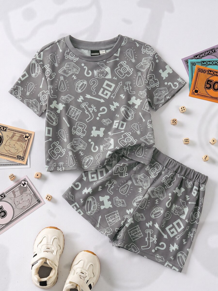 MONOPOLY X SHEIN Baby Boy Letter Print Short Sleeve T-Shirt And Shorts Casual Set MONOPOLY - Grey - View 1