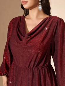 Comfylo Plus Size Elegant Party Glitter Cowl Neck Dress - Burgundy - View 6