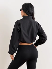 Coolane Women Waterproof Cropped Sports Jacket, Zip Up Windbreaker, Lightweight Running Coat, Drawstring Hem Activewear Outwear - Black - View 6
