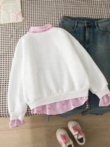 SHEIN Sparklyn Tween女孩大學休閒百搭通勤假兩件領口襯衫領運動衫，數字字母印花豹紋寬鬆版型 - 彩色 - 查看 2