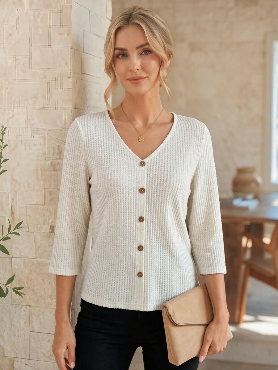 EMERY ROSE Women's Solid Color V-Neck Button Design 3/4 Sleeve Casual T-Shirt - White - View 1