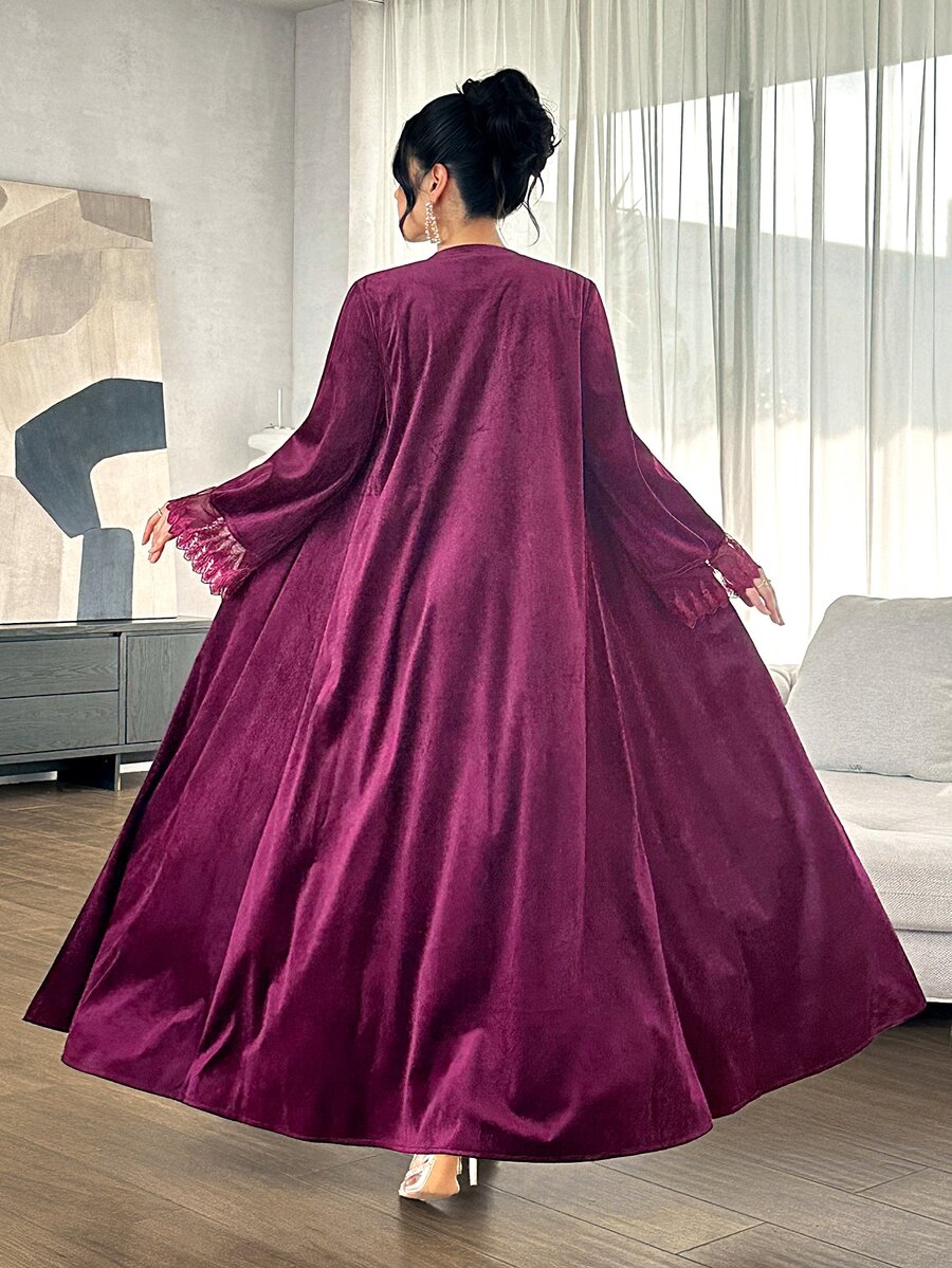 Yasmyna Deep Purple Velvet Long Cardigan Abaya With Lace Cuff Splice, Muslim Loose Open Front Outerwear - Burgundy - View 1