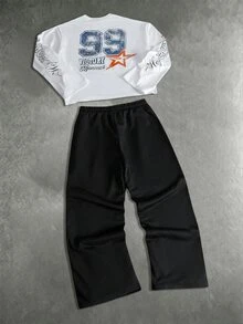ROMWE MEN Street Life Men's Letter Print Sports T-Shirt And Drawstring Waist Long Pants Set - White - View 2