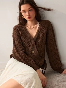Willow Rêve Women's Brown Cable Knit Side Tie Waist Long Sleeve Cardigan - Coffee Brown - View 7