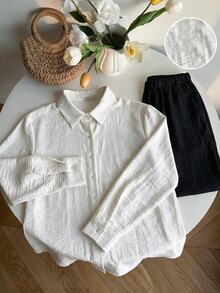 SHEIN EZwear 大尺碼女款純色長袖單排扣襯衫與寬腿褲休閒兩件套 秋季 - 黑與白 - 查看 4