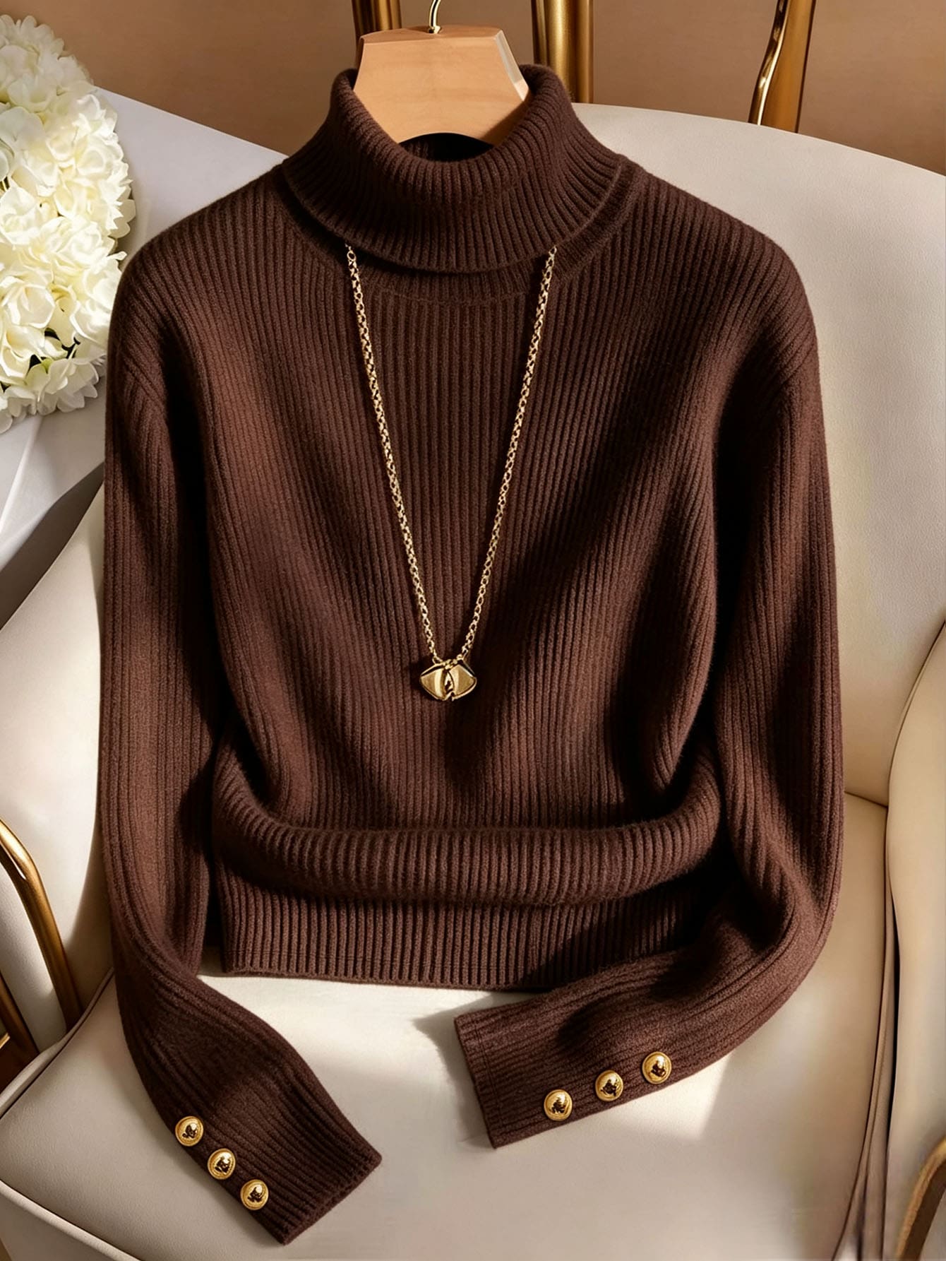 Resyla Autumn/Winter Ribbed Turtleneck New Elegant Casual Knit T-Shirt, Minimalist Fashion Solid Color Knit Sweater - Coffee Brown - View 1