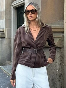 Aloruh Women's Striped Pleated Casual Commute Blazer - Coffee Brown - View 1