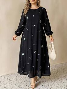 SHEIN CURVE+ Plus Size Round Neck Lantern Sleeve Long Sleeve Floral Print Dress Fall - Multicolor - View 3