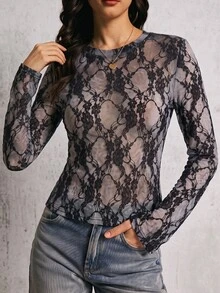 SHEIN 女款蕾絲圓領長袖萬聖節性感派對上衣，夜灰色秋季穿搭，優雅黑色蕾絲秋季上衣與女式襯衫 - 黑色 - 查看 5