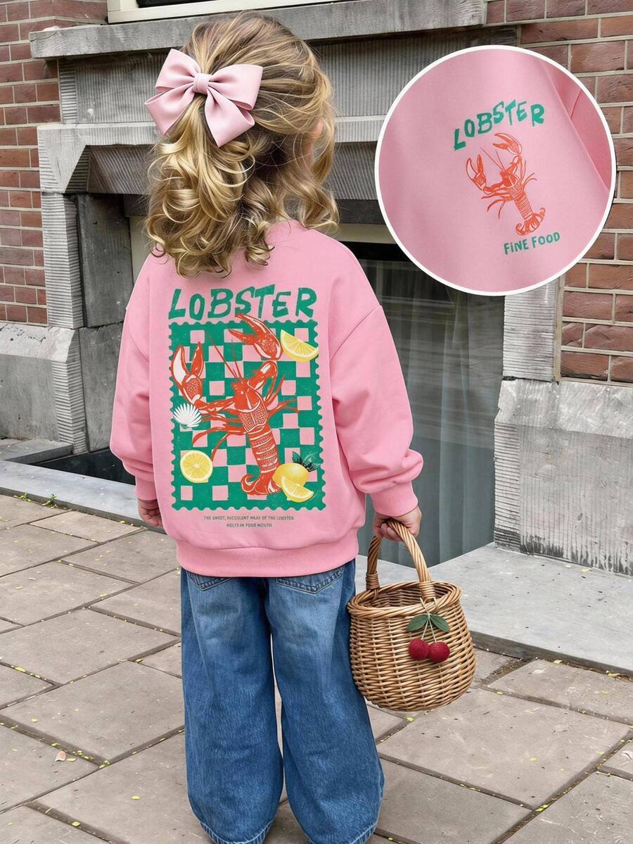 THE HAPPY LOOK Kids Young Girl Letter Lobster Print Crew Neck Long Sleeve Casual Autumn Winter Sweatshirt - Pink - View 1