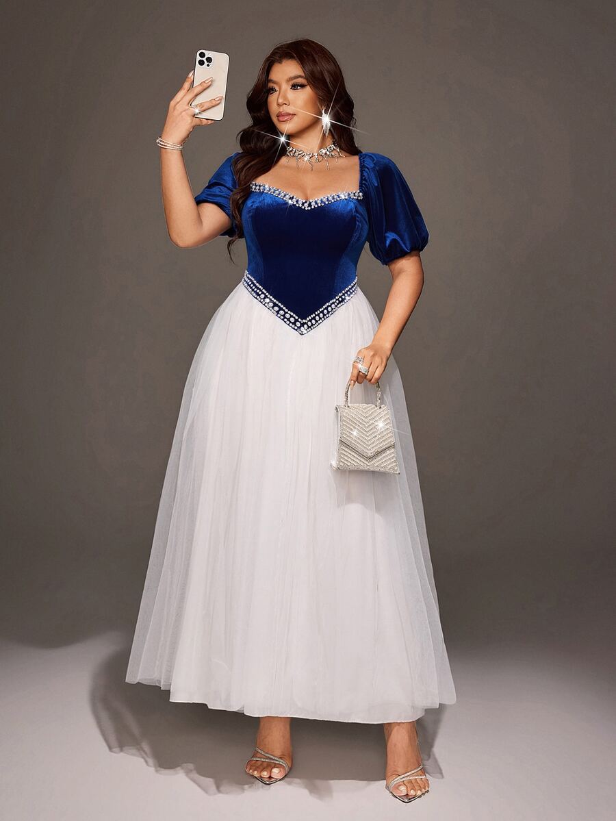 Viva Relle Vintage Elegant Runaway Princess Style Blue Velvet Rhinestone Waist-Cinching Full Skirt Tulle Evening Gown - Blue and White - View 1