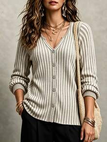 RosyDaze Women's Single-Breasted Casual French Grey Long Sleeve Thin Cardigan Sweater Office Autumn - Grey - View 4
