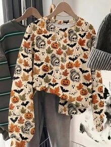 SHEIN LUNE 女款萬聖節派對南瓜印花長袖休閒運動衫 - 白色 - 查看 6