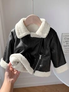 SHEIN 新生兒黑色PU保暖內裡夾克外套 街頭風可愛休閒 秋冬款 - 黑色 - 查看 8