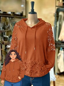Rusticease Áo nỉ hoodie dây rút tay dài raglan phối ren tương phản màu trơn cho nữ size lớn - Rỉ Nâu - Xem 3