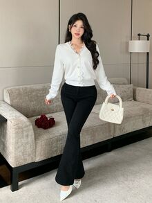 Modelyn Women's Solid Color Contrast Lace Single-Breasted Long Sleeve Knit Cardigan - White - View 7