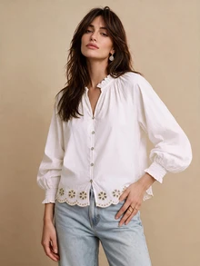 CielaLinda Women's White Embroidered Blouse, Floral Cutwork Button Front Shirt, Long Sleeve Cotton Top - White - View 5