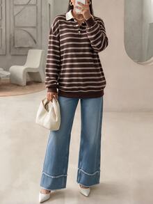 Mulvari Women's Colorblock Polo Collar Striped Long Sleeve Casual T-Shirt - Brown - View 6