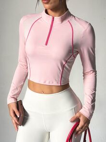 StreetHx Mesh Long Sleeve Half-Zip Cropped Sports Sweatshirt - Pink - View 1