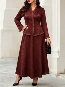 Modelyn Plus Size Women's Jacquard Frill Trim Single-Breasted Shirt And Skirt Elegant 2 Pieces Set - Brown - View 6