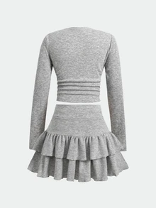 SHEIN Serisse Kids Tween Girl Tween Girls T-Shirt Co-Ords Spring/Autumn New Cute Casual Gray Floral Skirt Set: Long Sleeve Crop Top And Layered Ruffle Pleated Mini Skirt, Summer, Autumn/Winter Layering - Grey - View 5