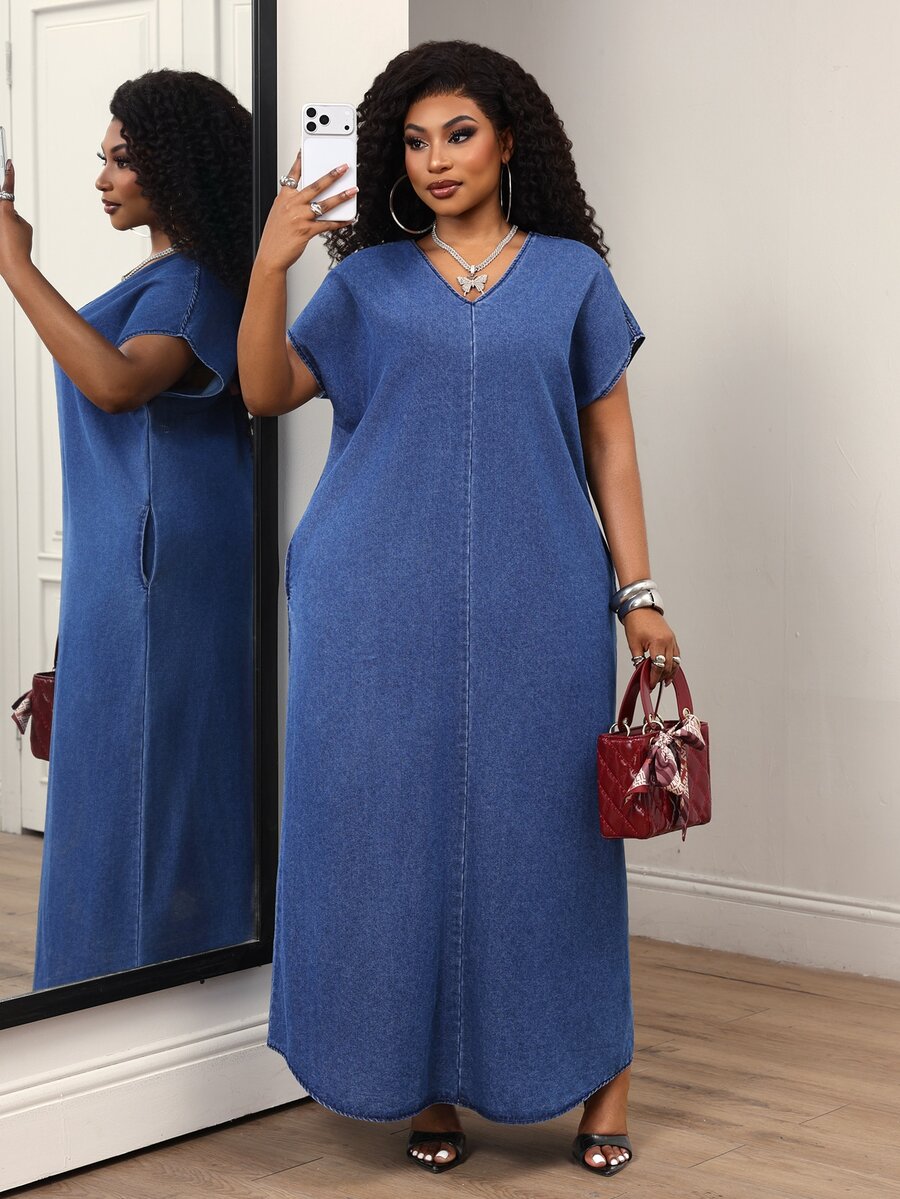 Slaydiva Plus Size Women's V-Neck Batwing Short Sleeve Casual Loose Denim Dress - Blue - View 1