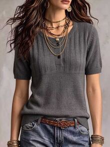 SHEIN Casual Loose Round Neck Short Sleeve Half-Placket Button Design Grey Women's Autumn Sweater,Women Fall Winter Sweater,Christmas,New Year,Social - Dark Grey - View 4