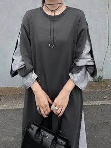 FRIFUL Women's Autumn Patchwork Striped Bell Sleeve Straight Long Dress - Grey - View 8
