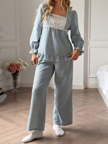 DAZY Women's Contrast Lace Plaid Long Sleeve Top And Pants Pajama Set - Green - View 5