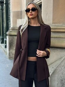 Aloruh Blazer Cokelat dengan Sabuk Samping dan Gesper Logam, Busana Kantor Minimalis Elegan untuk Berpergian - Coffee Brown - View 5