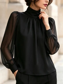 SHEIN European And American New Fashion High Neck Sexy Patchwork Semi-Transparent Long Sleeve Design Pullover Pleated Women's Blouse, Women's Spring/Autumn Top, Long Sleeve Top, Autumn/Winter Clothing, Autumn/Winter Outfit, Vacation, Outing, Y2K, Spring, Summer, Back To School, Casual, Beach, Business, Versatile, Sexy, Women's Black Blouse, Women's Commuter Top - Black - View 5