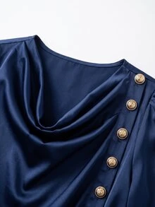 Grovea Plus Size Women's Elegant Satin Solid Color Metal Buckle Decor Tie Waist Loose Long Sleeve Spring Autumn Party Blouse - Royal Blue - View 4