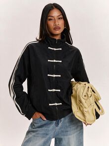 SHEIN BAE Women's Casual Jacket With Side Stripe And Frog Button Design - Black - View 4