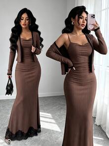 Selianne Women's Autumn/Winter Colorblock Long Sleeve Zip-Up Top And Cami Dress Set - Brown - View 1
