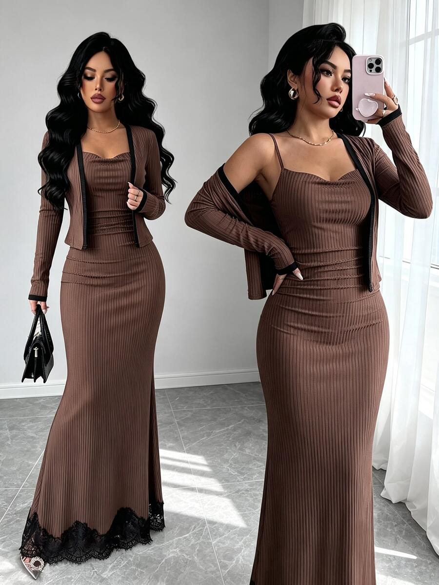 Selianne Women's Autumn/Winter Colorblock Long Sleeve Zip-Up Top And Cami Dress Set - Brown - View 1