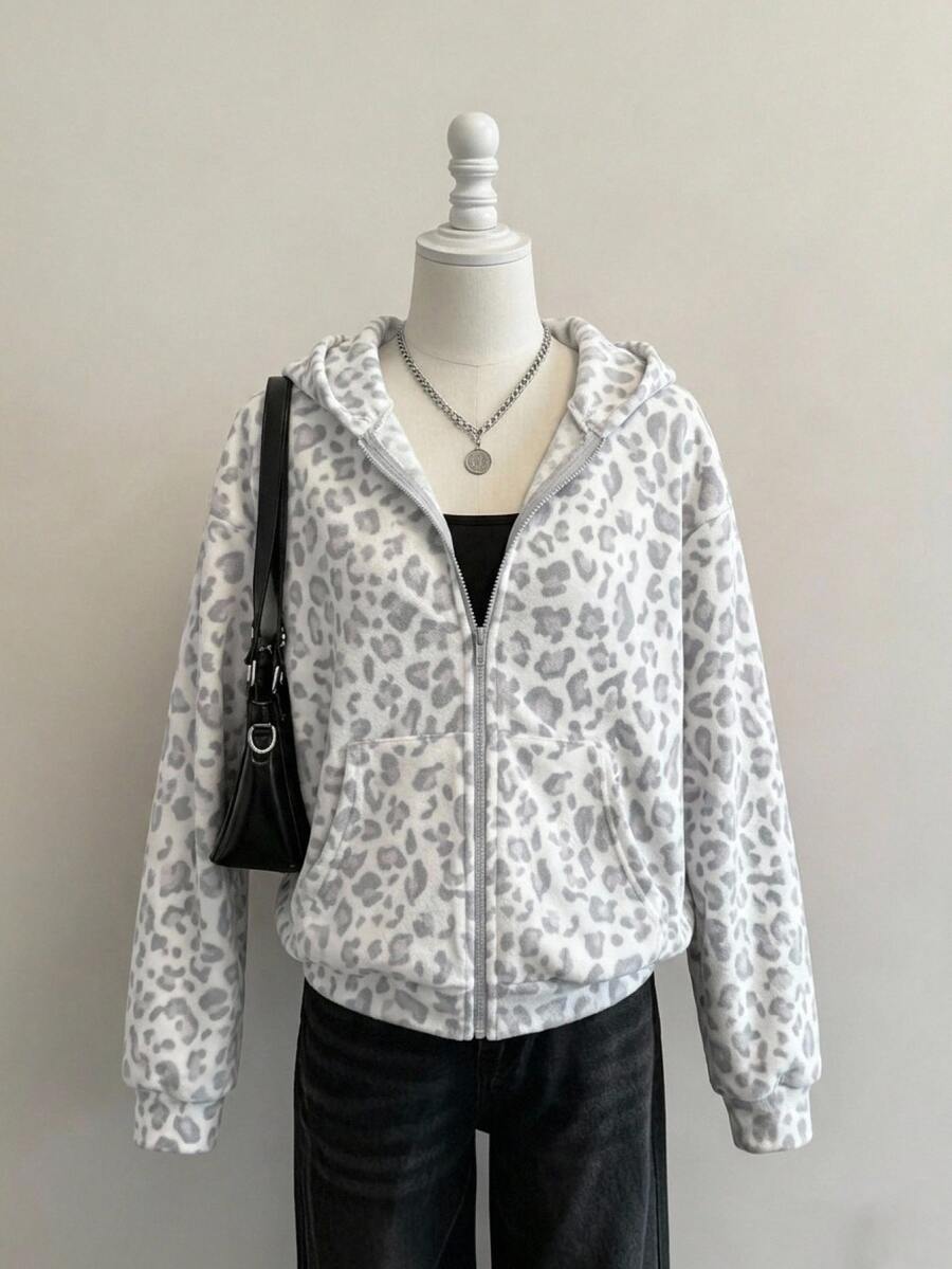 SHEIN CURVE+ Plus Size Open Front Zip-Up Washed Fabric Long Sleeve Sweatshirt Black Casual Pullover, 2026 22W - Grey - View 1