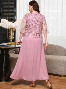 Reflora 大尺碼女款優雅花卉亮片網紗七分袖洋裝 - 粉色 - 查看 3