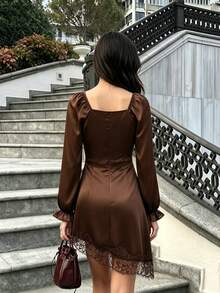 SHEIN PariChic Women's Sexy Lace Patchwork Asymmetrical Hem Dress - Brown - View 2